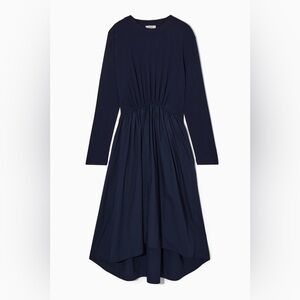 COS Women's Navy Blue Asymmetric Gathered-Waist Midi Dress